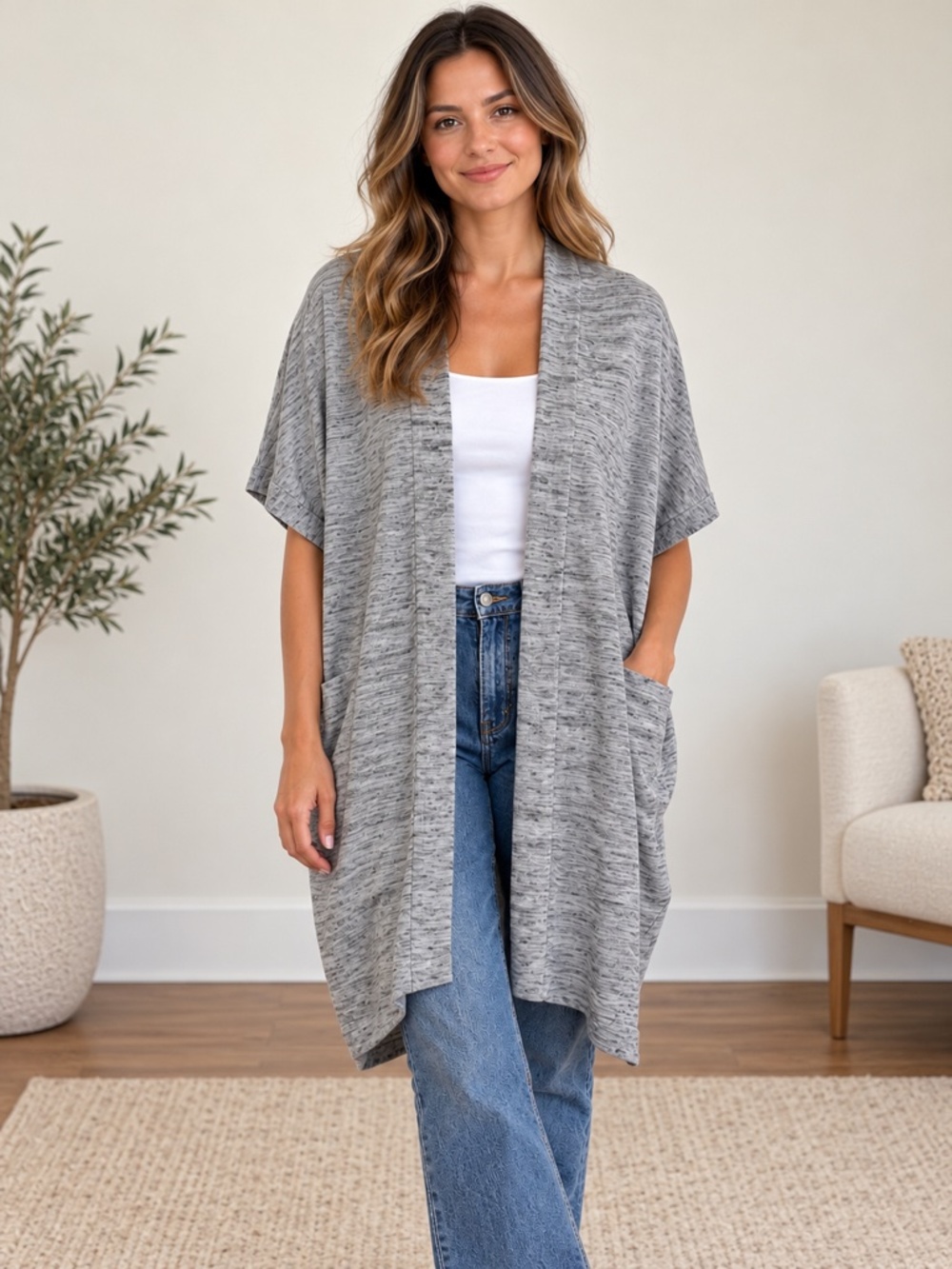 Athleta Cocoon Open Front Cardigan Women Large Gray Heather Oversized Draped
